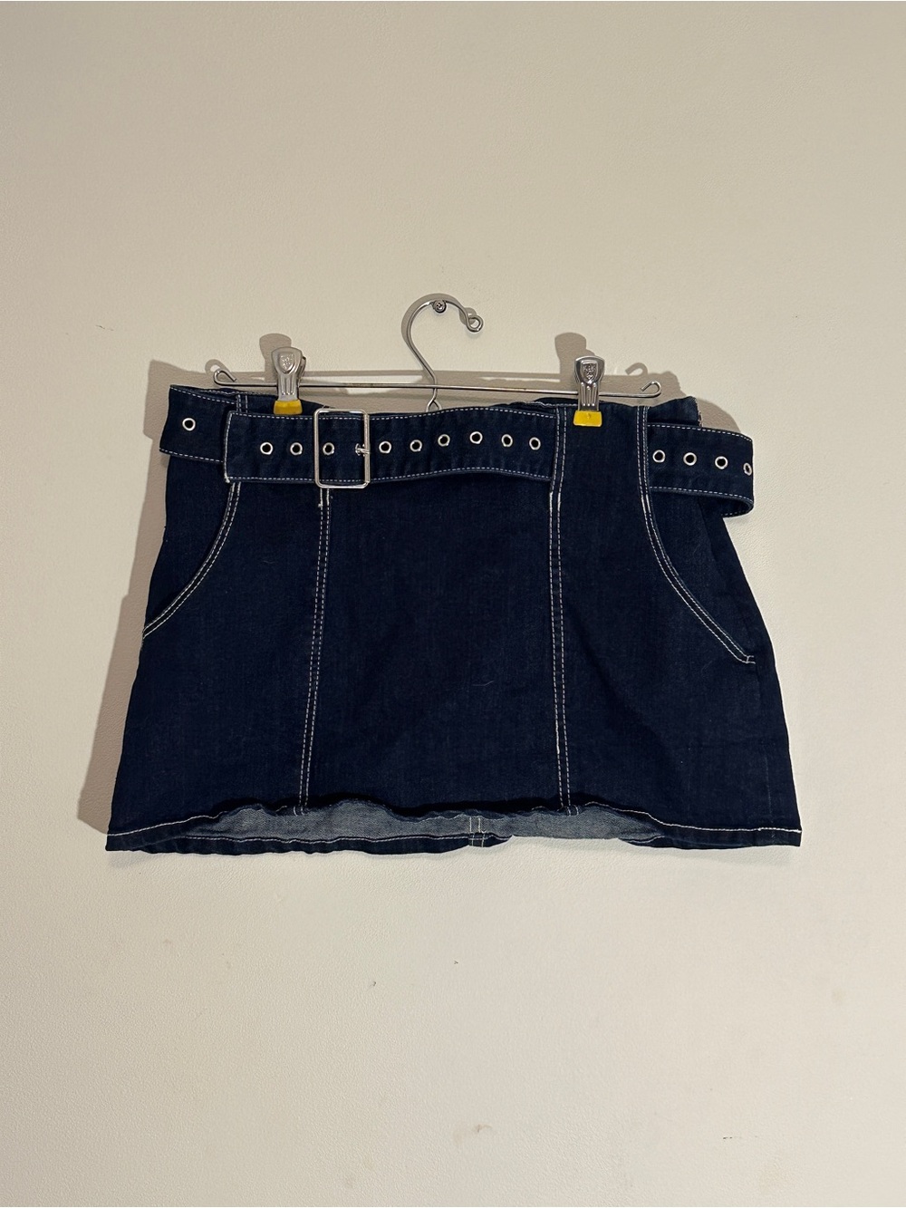 Dark Blue Denim Mini Skirt with Grommet Belt